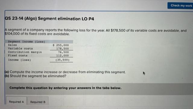 Solved A Segment Of A Company Reports The Following Loss For | Chegg.com