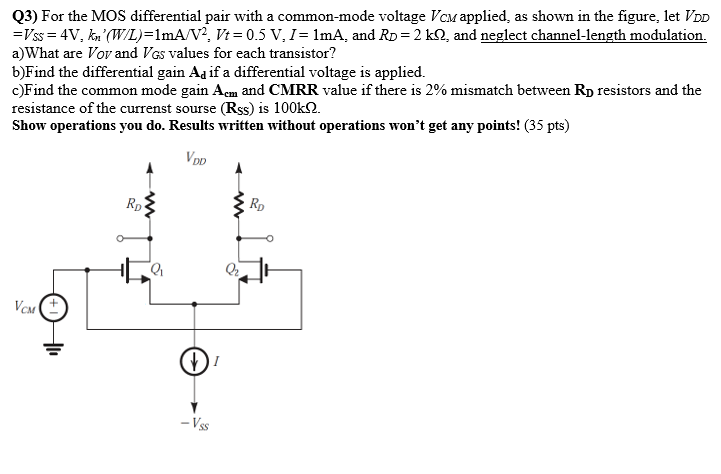 Solved Q3) For the MOS differential pair with a common-mode | Chegg.com