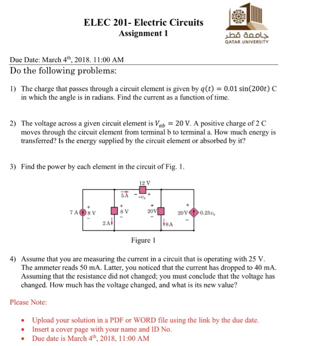 Solved ELEC 201 Electric Circuits Assignment 1 QATAR