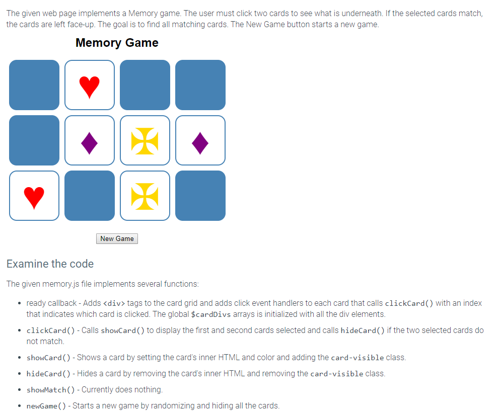 The given web page implements a Memory game. The user | Chegg.com
