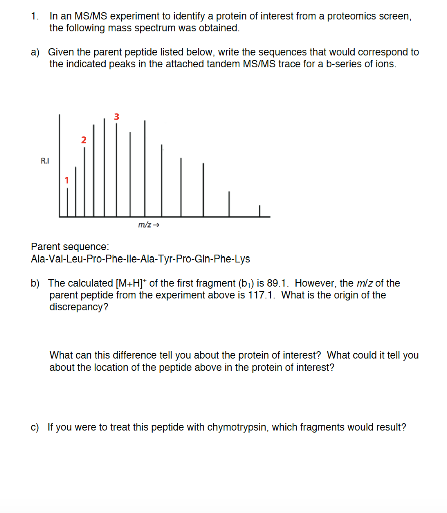 1. In an MS/MS experiment to identify a protein of | Chegg.com