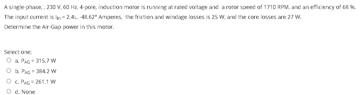Solved A single-phase,, 230 V, 60 Hz, 4-pole, induction | Chegg.com