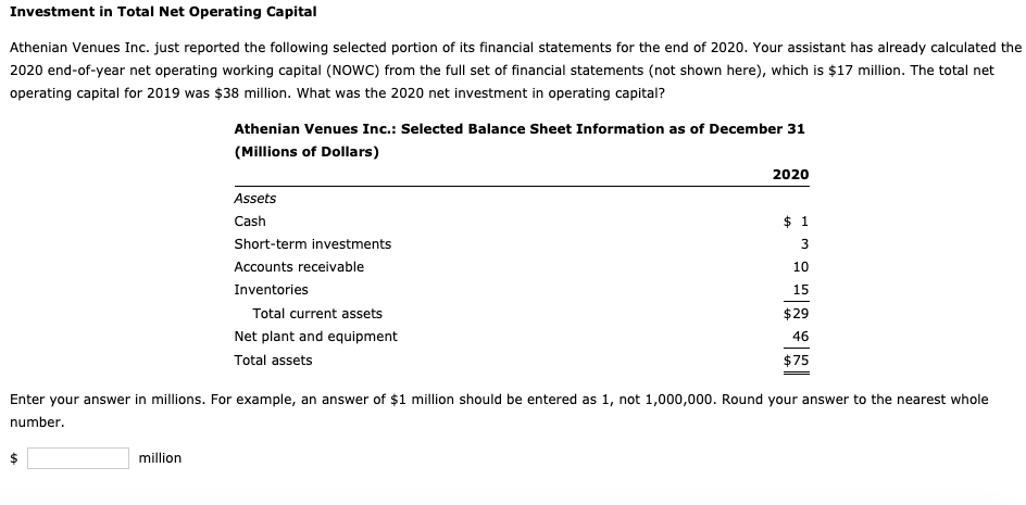Solved Investment in Total Net Operating Capital Athenian | Chegg.com