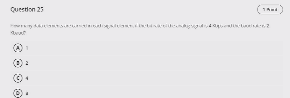 Question 25
1 Point
How many data elements are carried in each signal element if the bit rate of the analog signal is 4 Kbps 