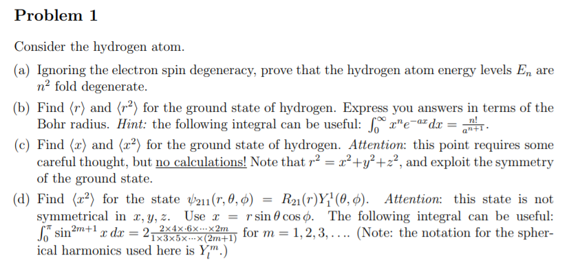 Solved Problem 1 An+I. Consider The Hydrogen Atom. (a) | Chegg.com