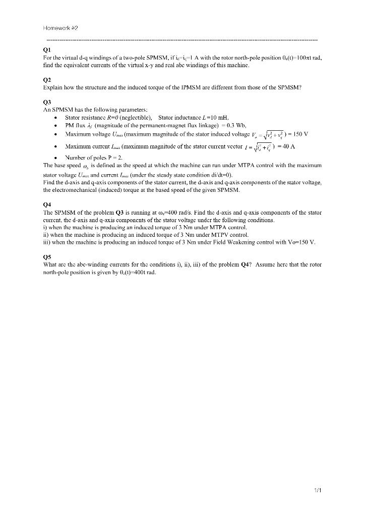 Solved Q1 For the virtual d−q windings of a two-pole SPMSM, | Chegg.com