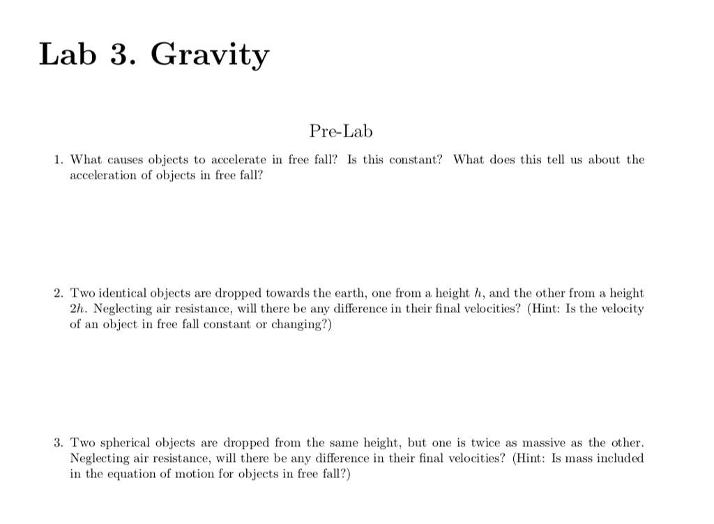 Solved Lab 3. Gravity PreLab 1. What causes objects to
