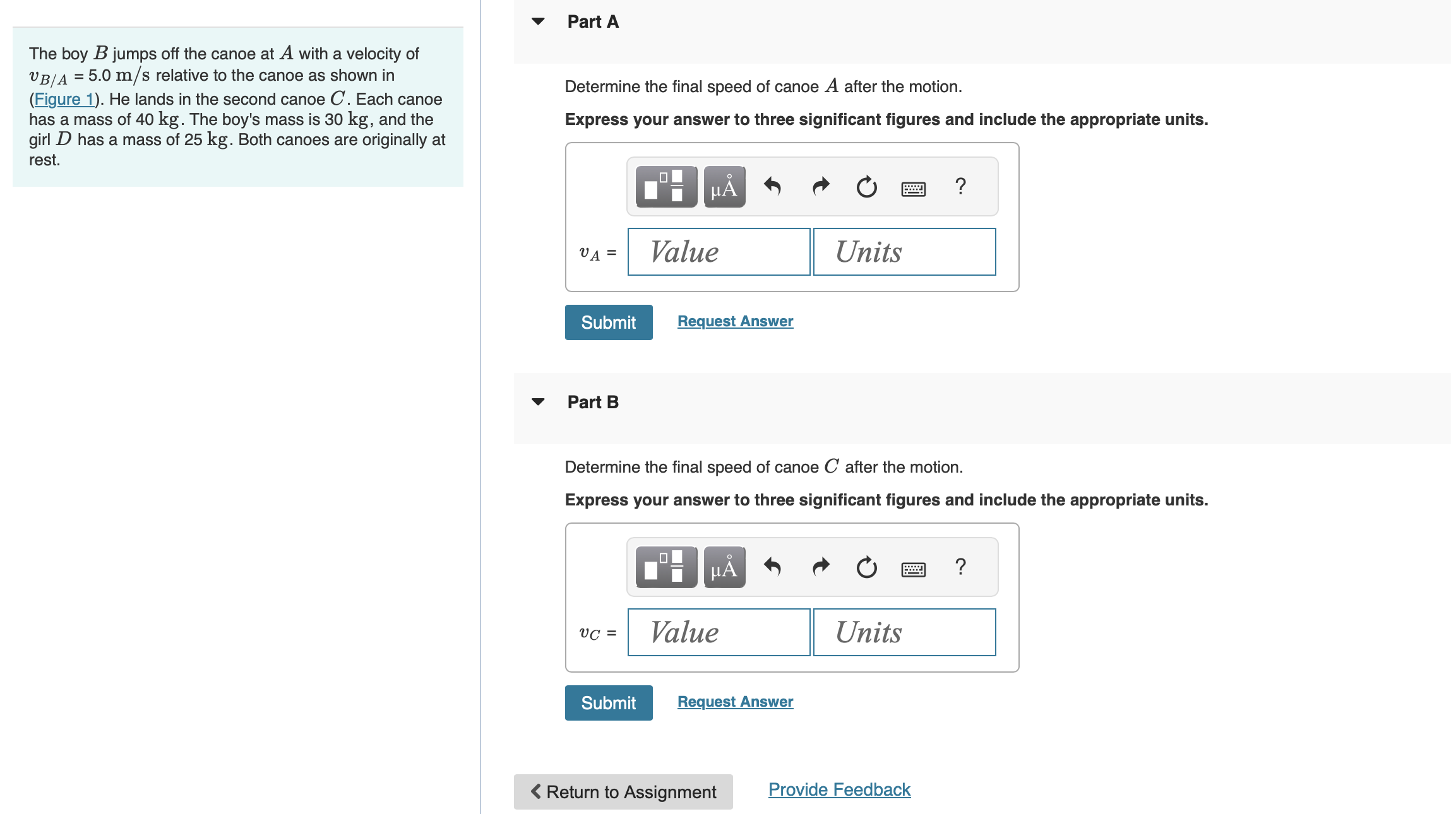 Solved 1 of 1The boy B jumps off the canoe at A with a