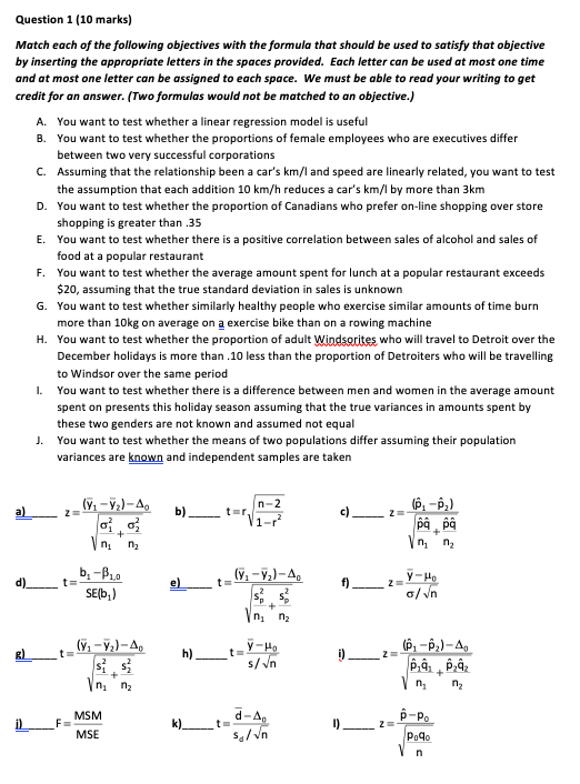 Solved Question 1 (10 marks) Match each of the following | Chegg.com