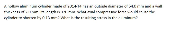 Solved A hollow aluminum cylinder made of 2014-T4 has an | Chegg.com