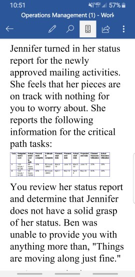 57% 10:51 operations management (1) - work jennifer turned in her status report for the newly approved mailing activities. sh