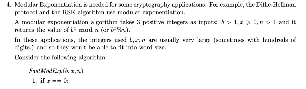 Solved 4. Modular Exponentiation Is Needed For Some | Chegg.com