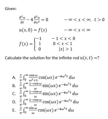 Given: \[ \begin{array}{l} \frac{\partial^{2} u}{\partial t}-4 \frac{\partial^{2} u}{\partial x^{2}}=0 \quad-\infty<x<\infty,