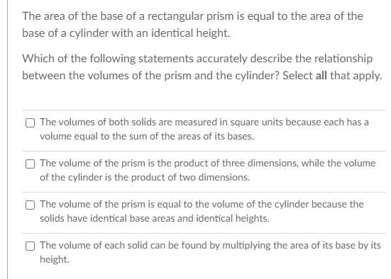 Solved The area of the base of a rectangular prism is equal | Chegg.com