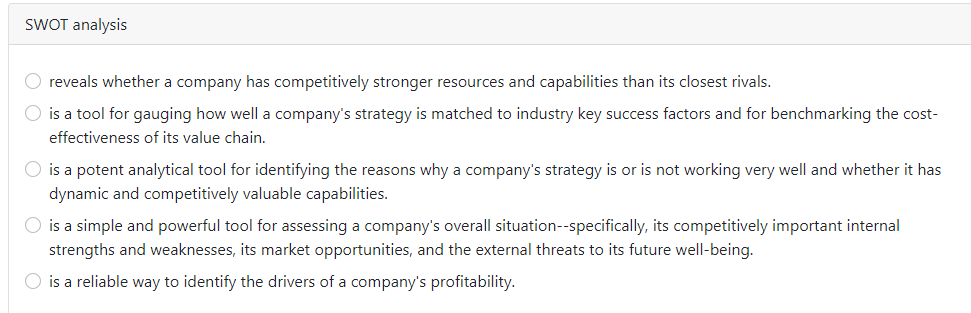 Solved SWOT analysisreveals whether a company has | Chegg.com