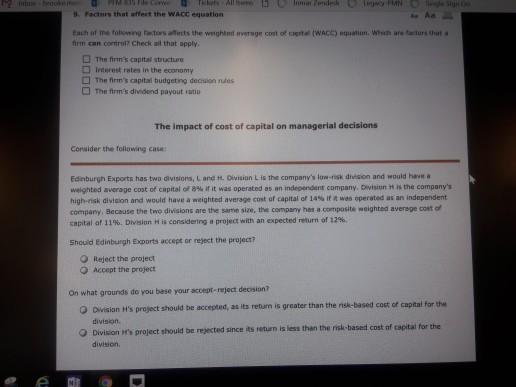 Solved 9. Factors that affect the WACC equation Aa Each of | Chegg.com