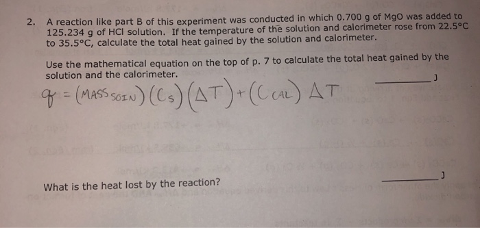 Solved 2. A Reaction Like Part B Of This Experiment 125.234 | Chegg.com