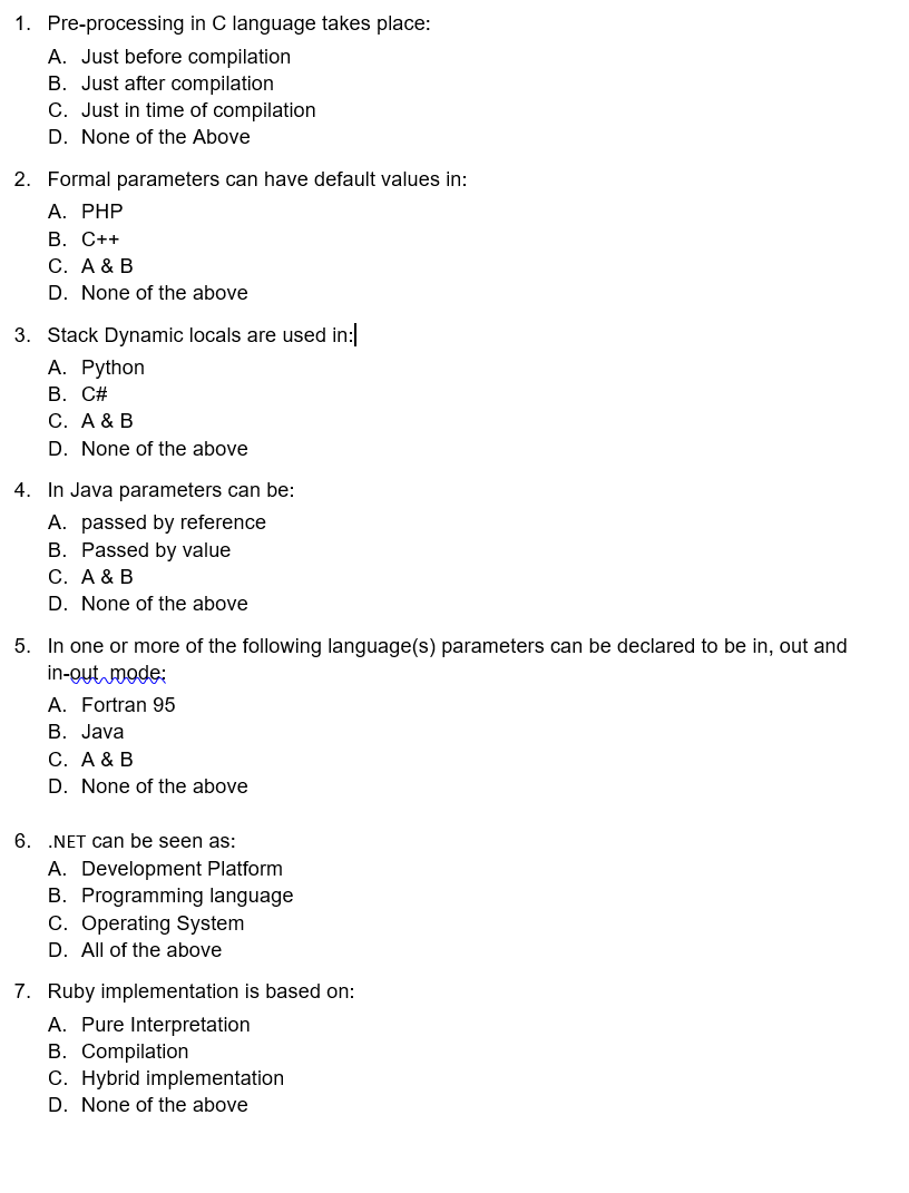 Solved 1. Pre-processing in C language takes place: A. Just | Chegg.com