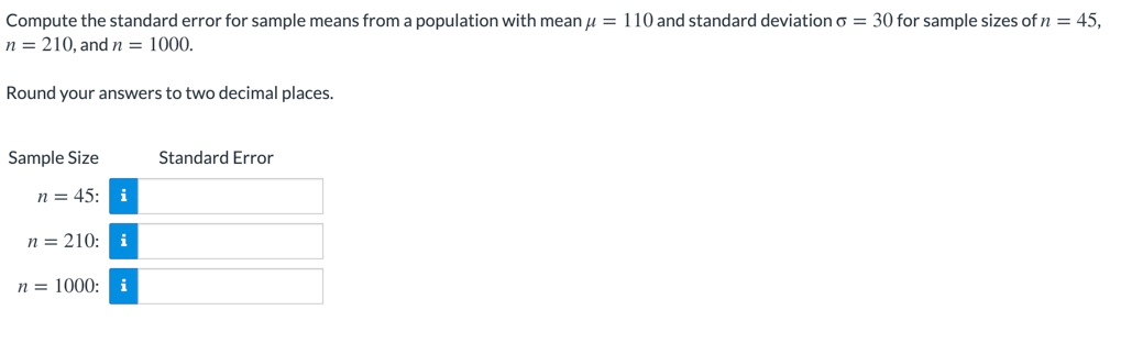 Solved Compute the standard error for sample means from a | Chegg.com