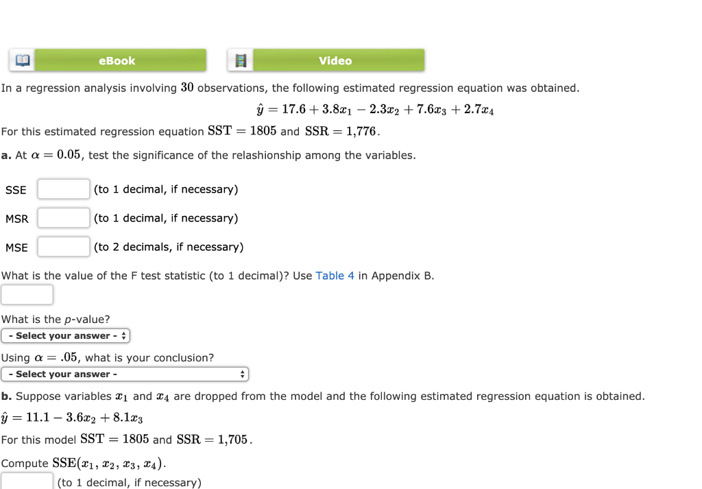 Solved eBook Video In a regression analysis involving 30 | Chegg.com