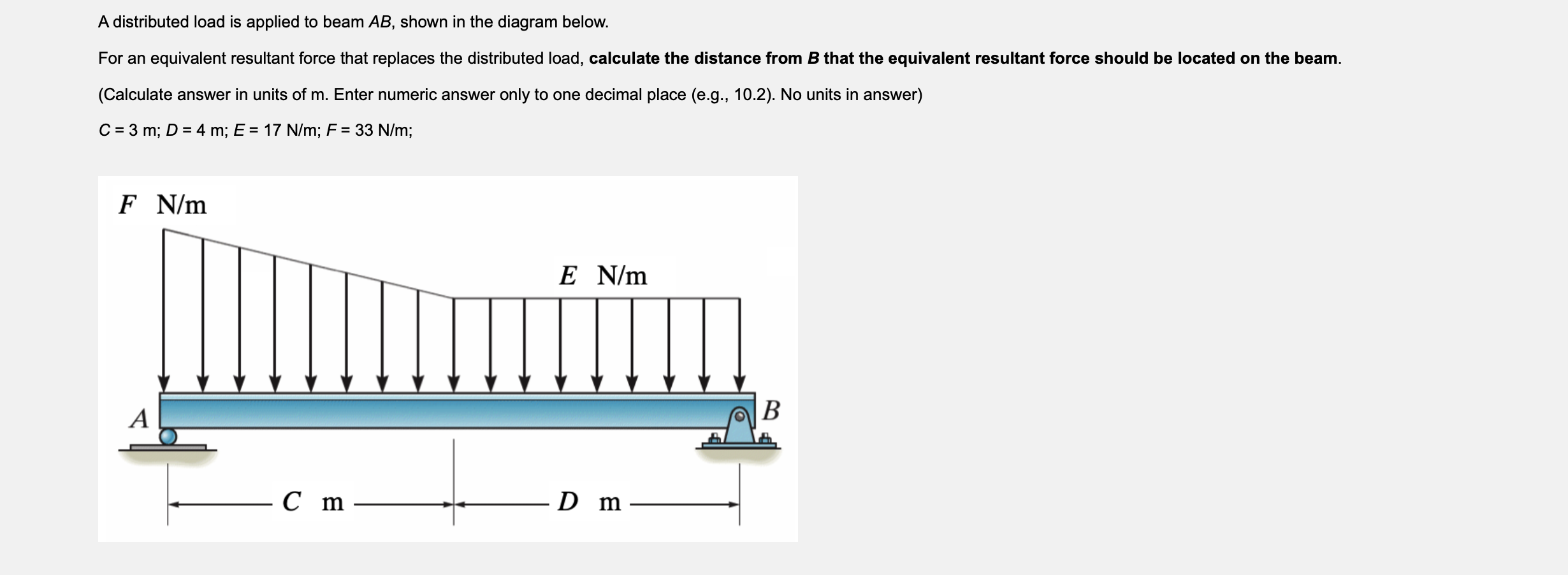 A distributed load is applied to beam \( A B \), shown in the diagram below.
For an equivalent resultant force that replaces