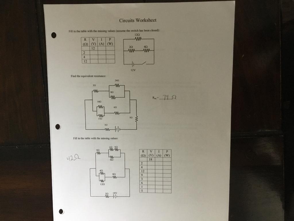 Solved Circuits Worksheet Fill in the table with the missing | Chegg.com
