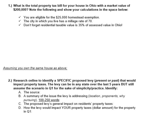 Solved 1.) What is the total property tax bill for your | Chegg.com