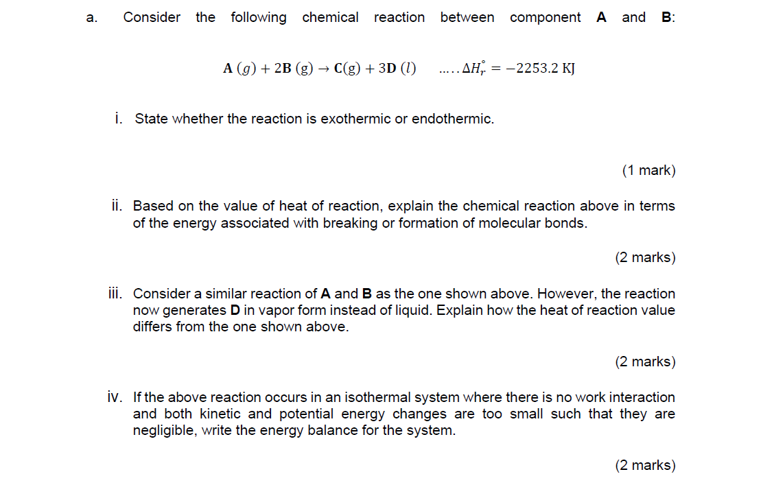 Solved a. Consider the following chemical reaction between | Chegg.com