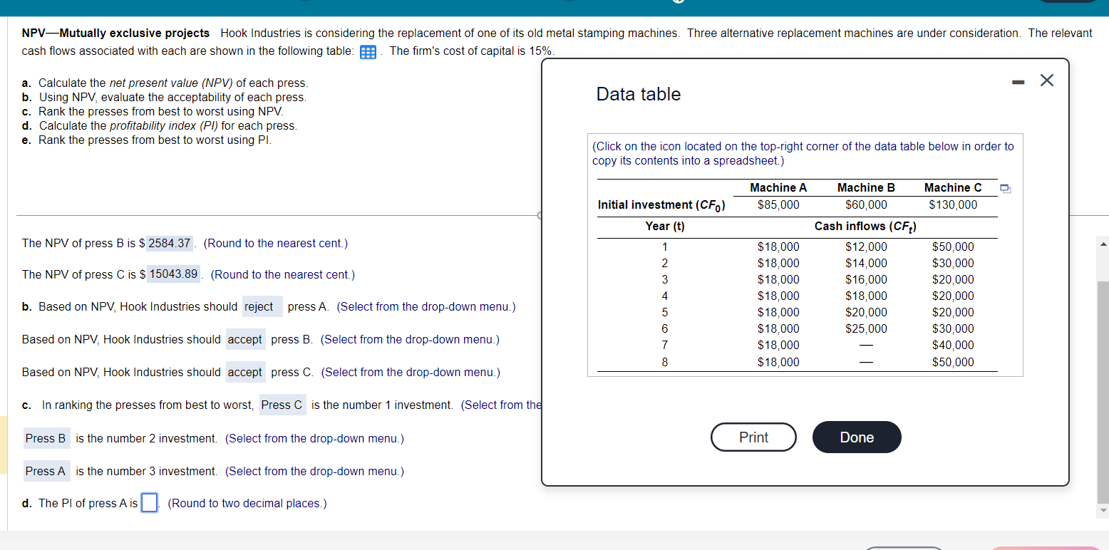 Solved a. Calculate the net present value (NPV) of each | Chegg.com