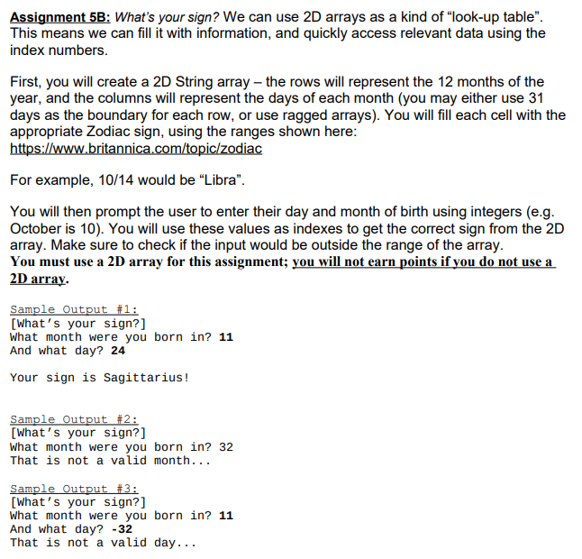 Solved Assignment 5B: What's your sign? We can use 2D arrays | Chegg.com
