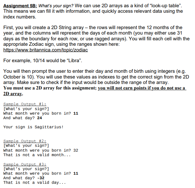 Solved Assignment 5B What s your sign We can use 2D arrays