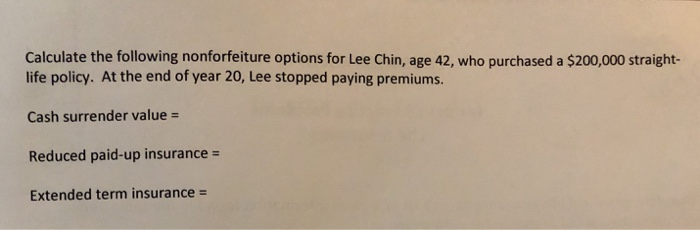 Solved Calculate The Following Nonforfeiture Options For Lee | Chegg.com