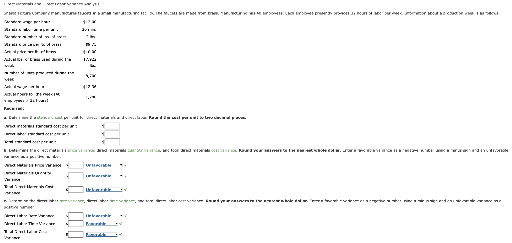 Solved Direct Materials and Direct Labor Variance Analysis | Chegg.com