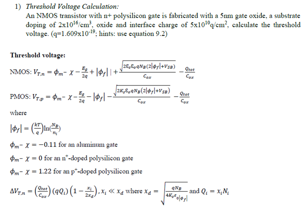 Solved 1) Threshold Voltage Calculation An NMOS transistor
