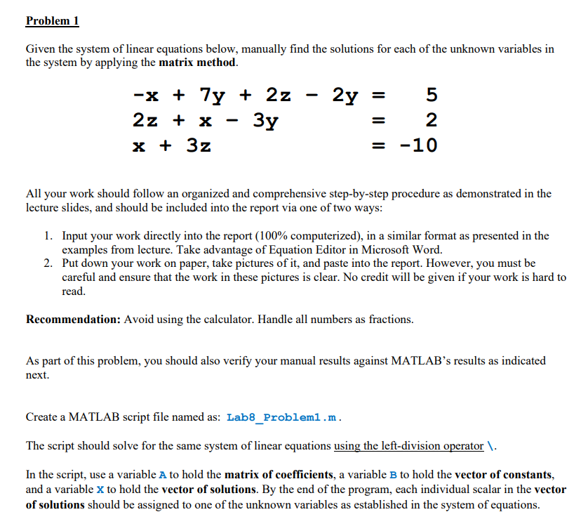 Solved Problem 1 Given the system of linear equations below, | Chegg.com