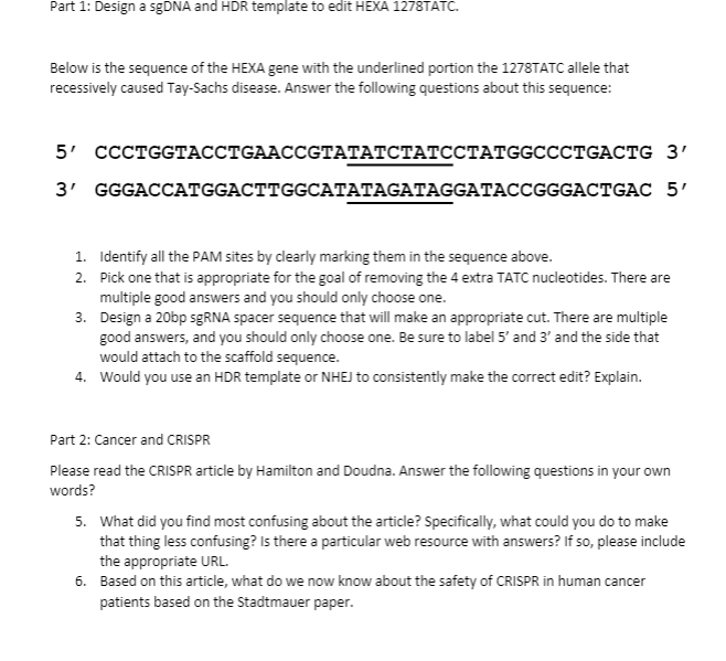 Part 1: Design a sgDNA and HDR template to edit HEXA | Chegg.com