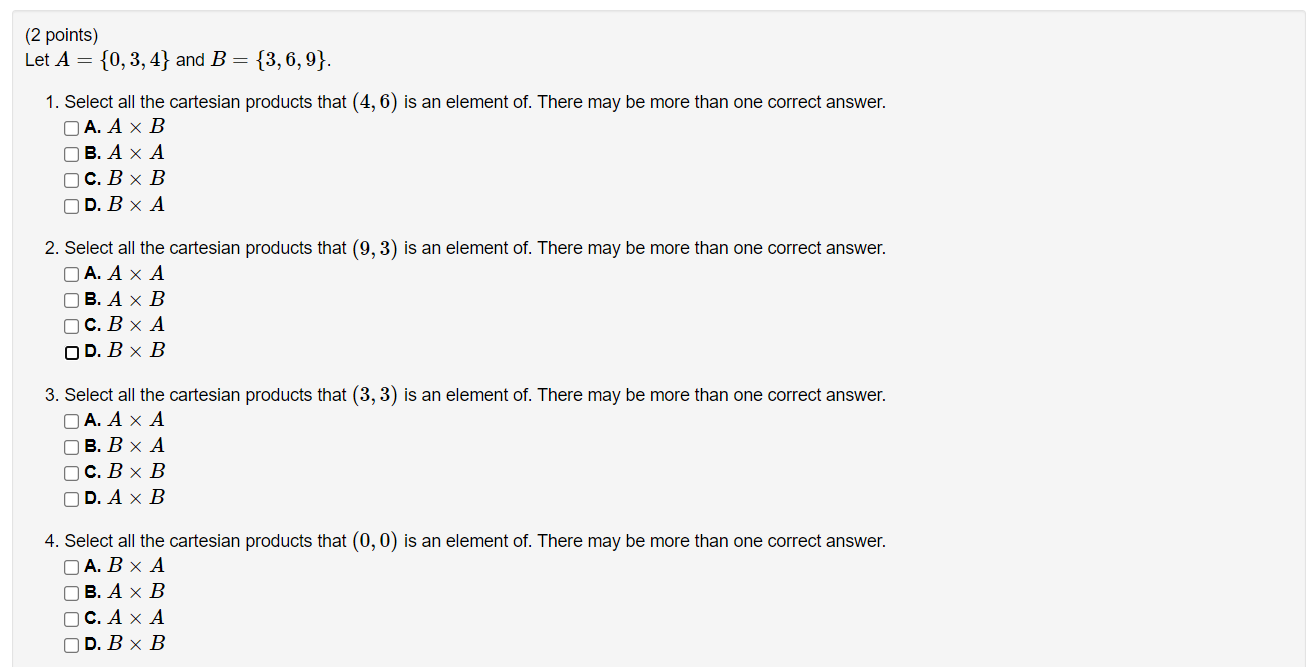 Solved (2 Points) Let A = {0,3,4} And B = {3, 6, 9}. 1. | Chegg.com