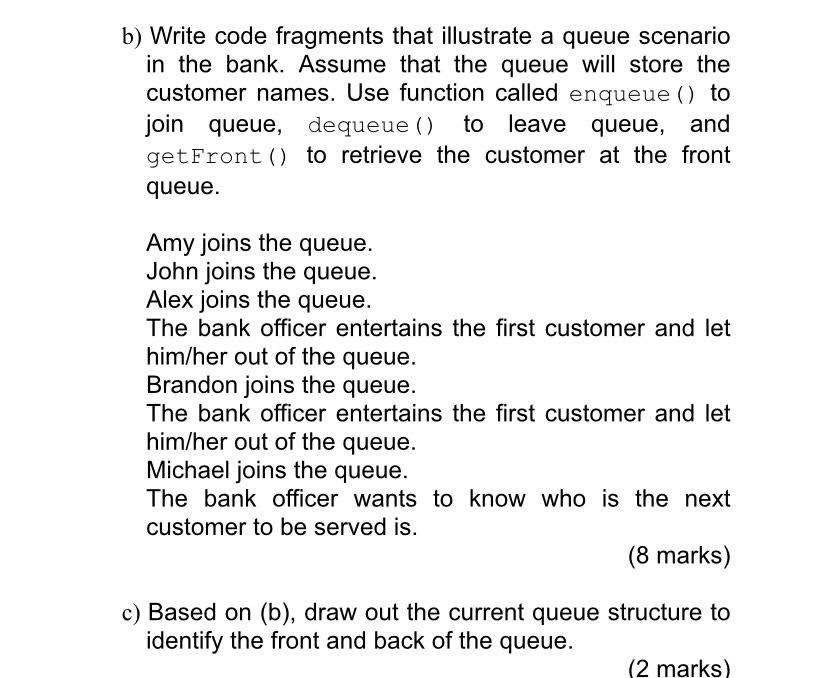 Solved b) Write code fragments that illustrate a queue | Chegg.com