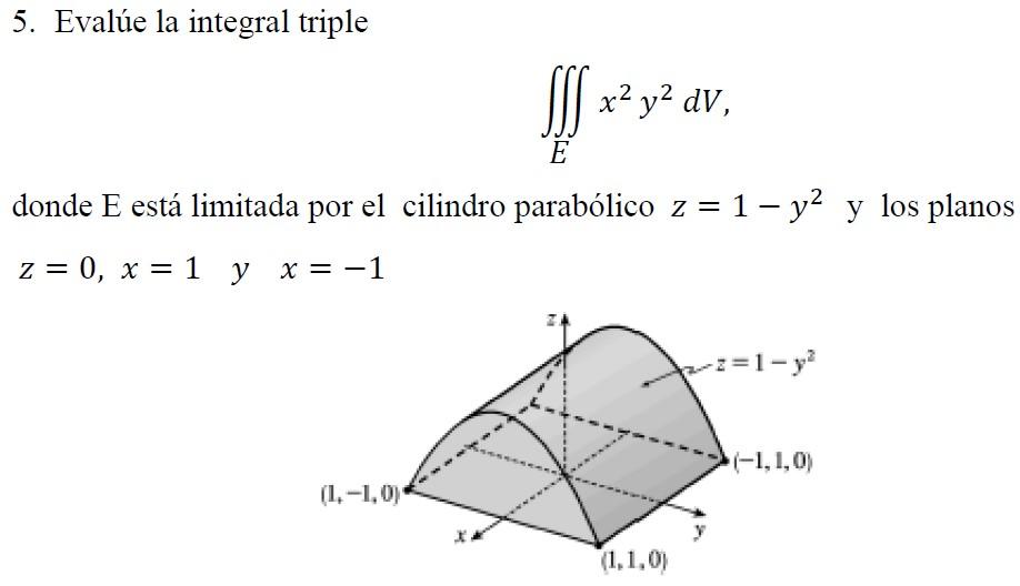 5. Evalúe la integral triple If x² y² dv, E donde E está limitada por el cilindro parabólico z = 1 - y² y los planos z = 0, x