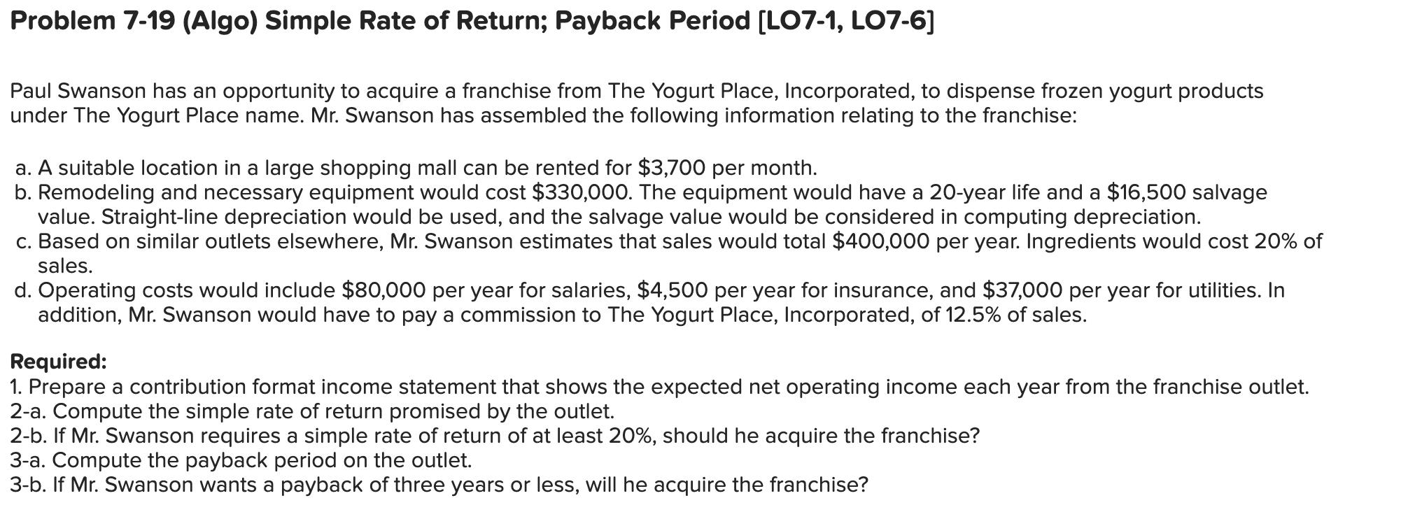 Solved Problem 7-19 (Algo) Simple Rate Of Return; Payback | Chegg.com