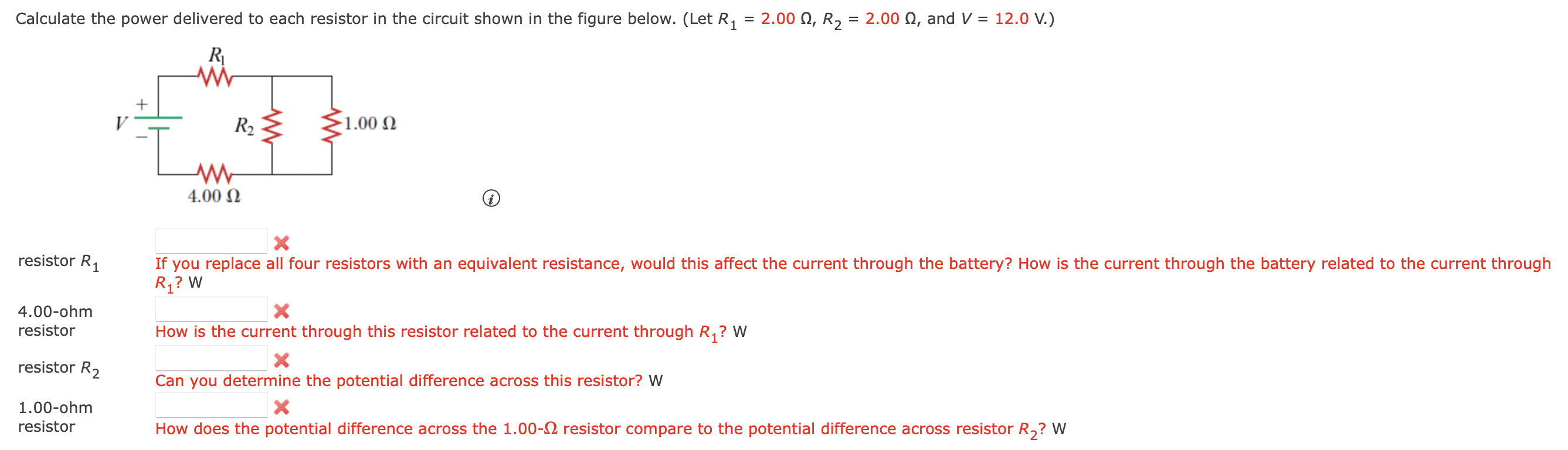 Solved = 2.00 12, R2 = 2.00 N, and V = 12.0 V.) Calculate | Chegg.com