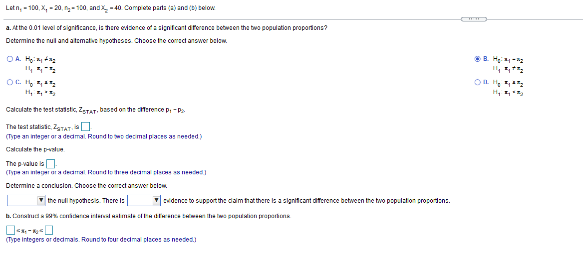 Solved Let n, = 100,X, = 20, n = 100, and X2 = 40. Complete | Chegg.com