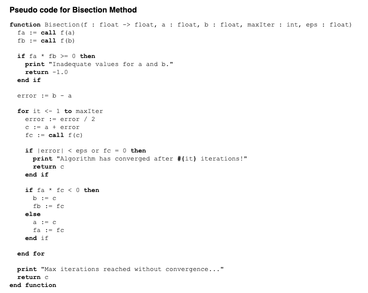 Pseudo Code For Bisection Method Function Bisection