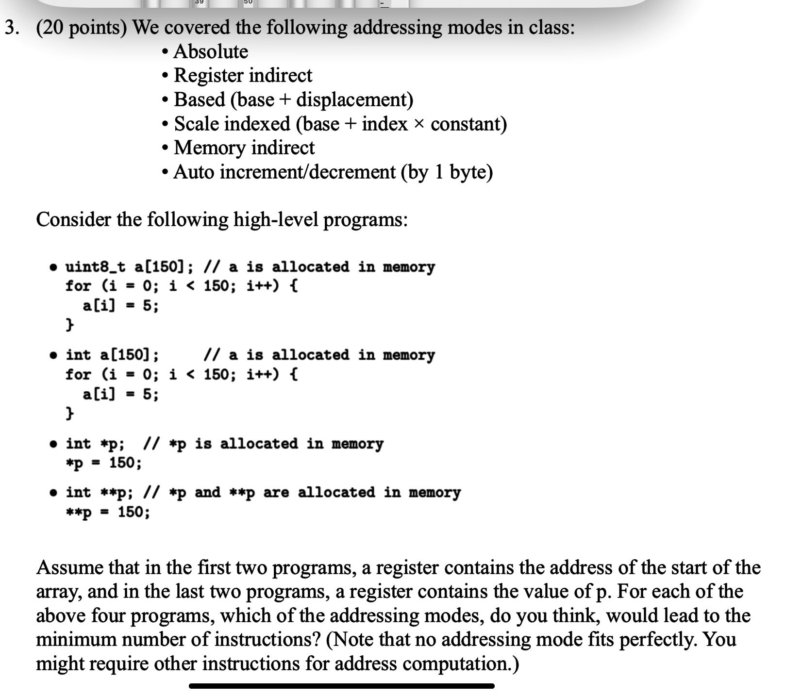 Solved (20 points) We covered the following addressing modes | Chegg.com