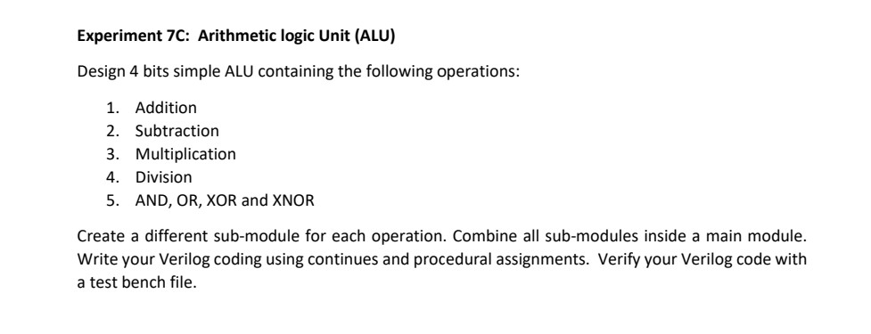 Solved Experiment 7C: Arithmetic logic Unit (ALU) Design 4 | Chegg.com