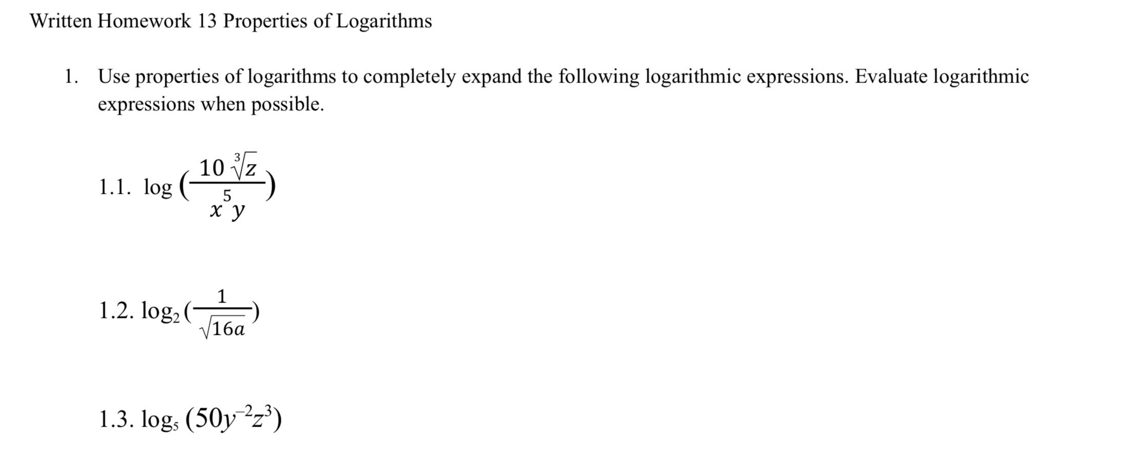 homework 4 properties of logarithms