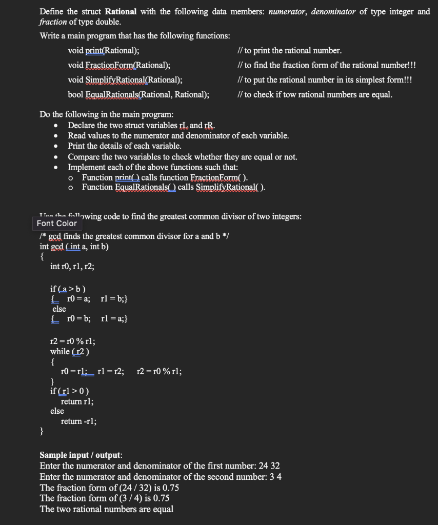 Solved Define the struct Rational with the following data | Chegg.com