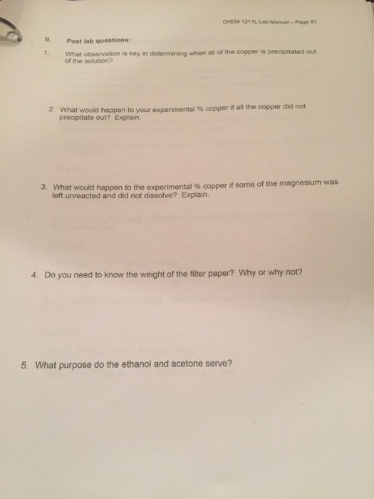 Solved CHEM 1211L Lab Manual Page 81 I. Post lab questions