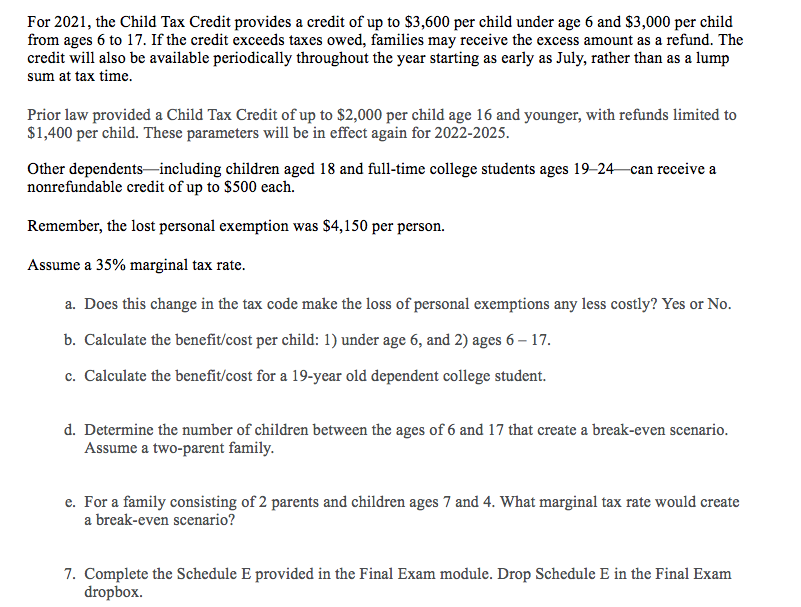 For 2021, the Child Tax Credit provides a credit of | Chegg.com
