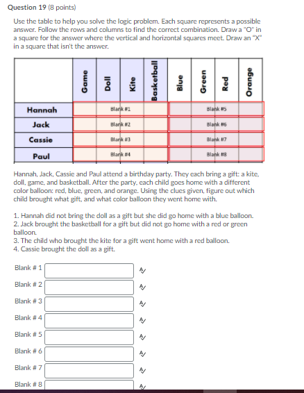 Solved Question 19 (8 points) Use the table to help you | Chegg.com
